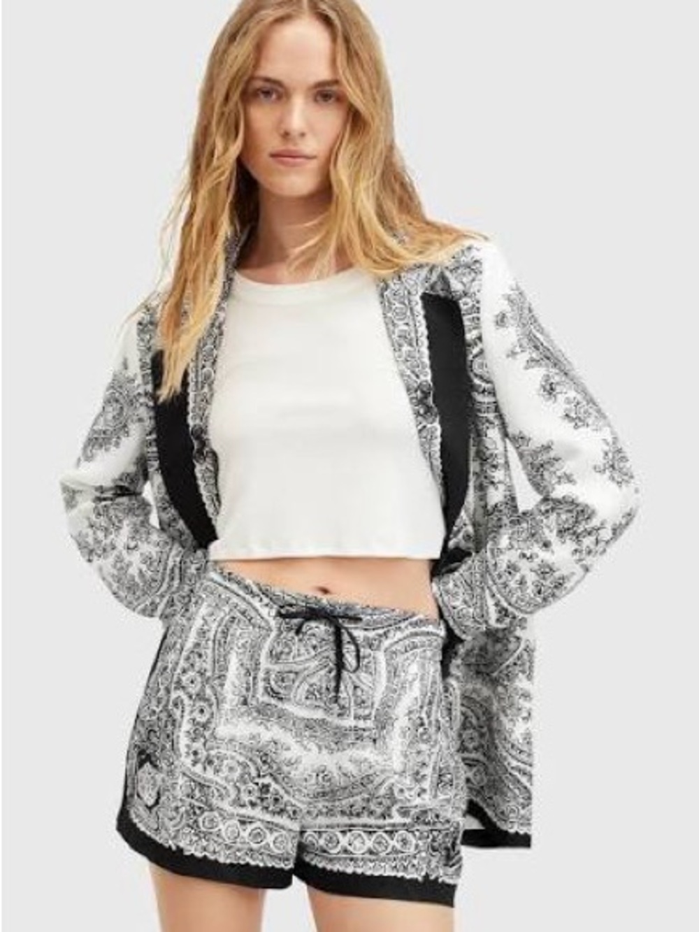 AllSaints Black and White Paisley Blazer and matching shorts